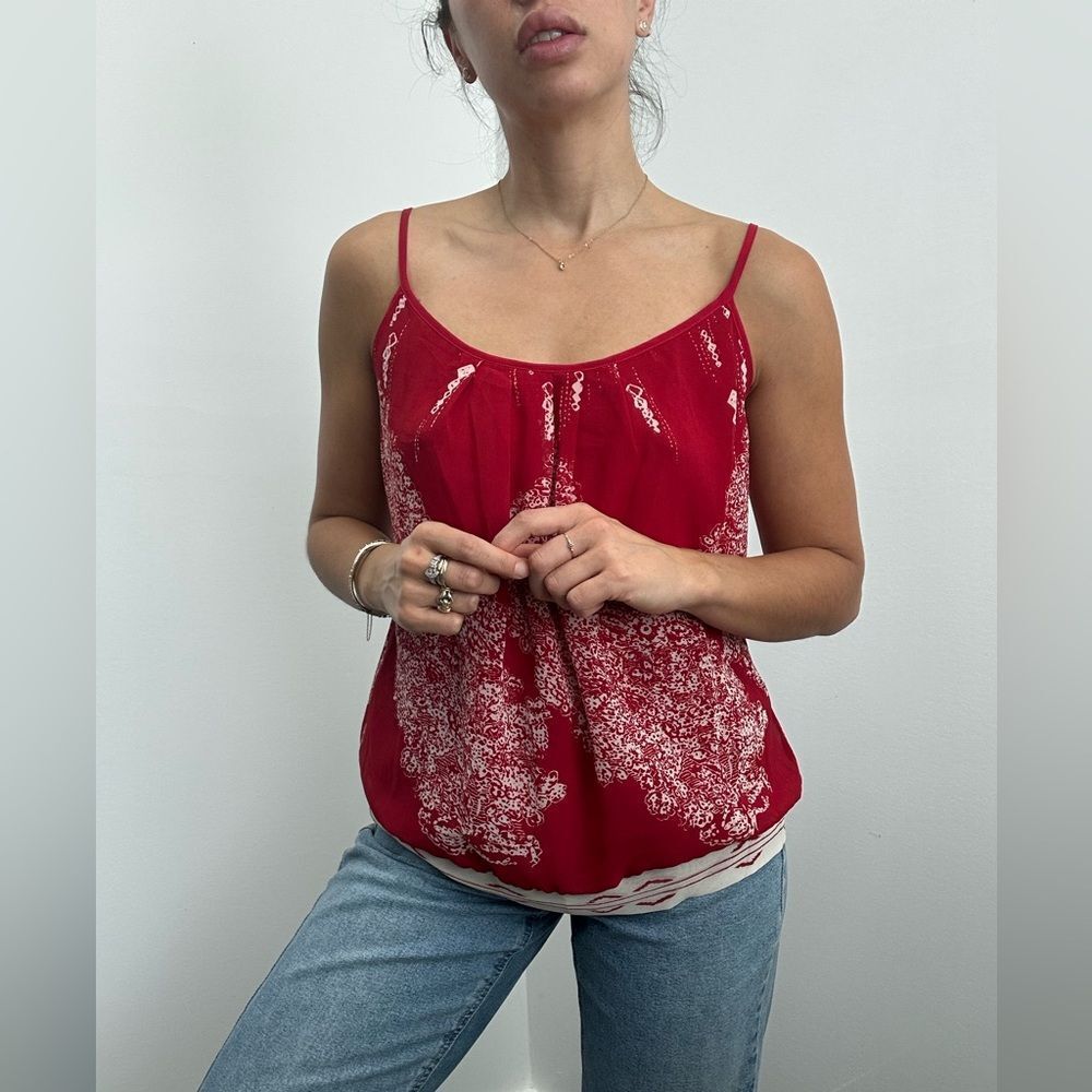 Vintage Cabi Red Printed Spaghetti Strap Chiffon Camisole Blouse Size S